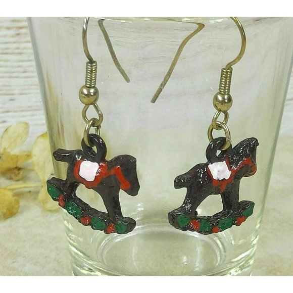 Vintage Rocking Horse Earrings Jewelry Black Steed Toy Red Saddle Dangle Earring - Picture 5 of 8